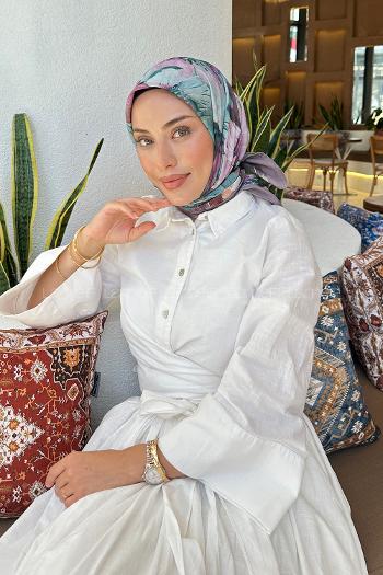 Lamelif Çiçek Desen Soft Eşarp Gri Yeşil