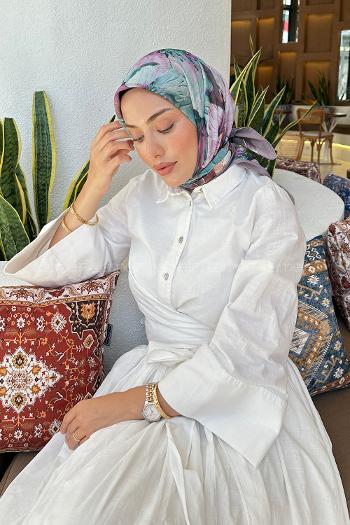 Lamelif Çiçek Desen Soft Eşarp Gri Yeşil