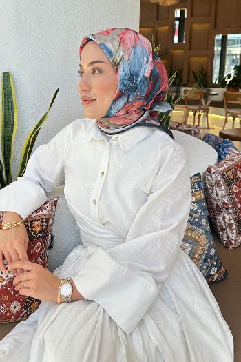 Lamelif Çiçek Desen Soft Eşarp Lacivert Kırmızı