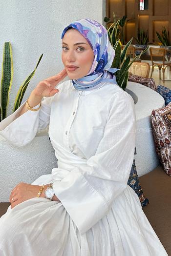 Lamelif Gül Desen Soft Eşarp Gök Mavisi