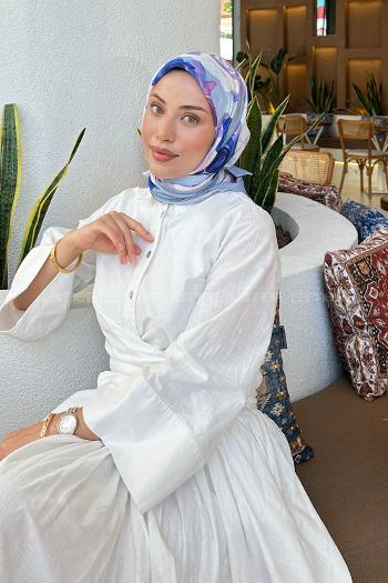 Lamelif Gül Desen Soft Eşarp Gök Mavisi