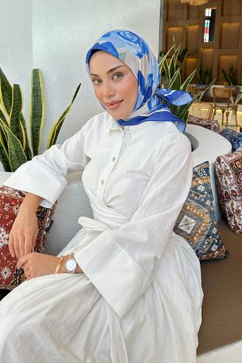 Lamelif Gül Desen Soft Eşarp Saks Mavisi