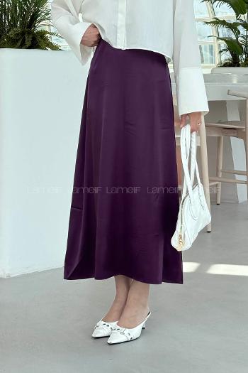 Lamelif Düz Saten Çan Etek Patlıcan Moru