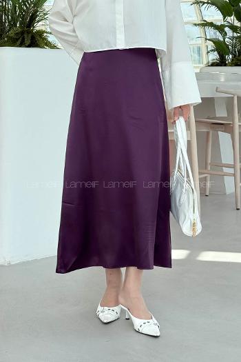 Lamelif Düz Saten Çan Etek Patlıcan Moru