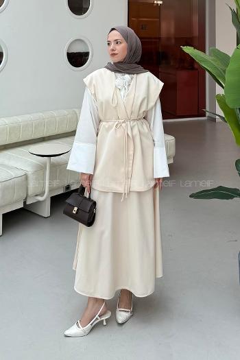 Lamelif Yelek-Etek İkili Tesettür Takım Krem