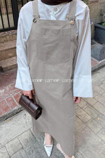 Lamelif Kanguru Cepli Tesettür Elbise Açık Gri