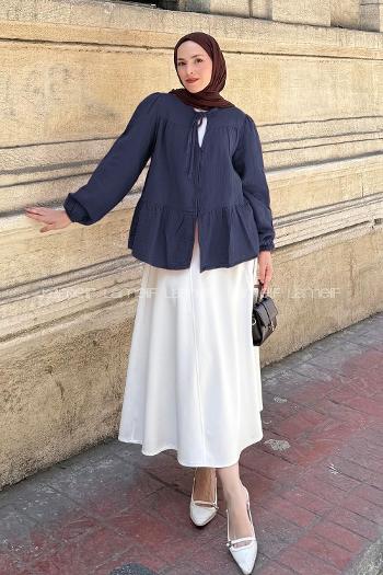 Lamelif V Yaka Kolları Lastikli Müslin Tesettür Gömlek Lacivert