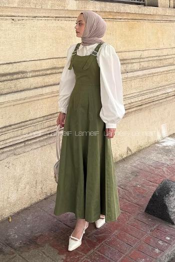 Khaki Scoop Neck Gabardin Unprinted Dresess