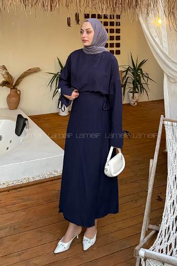 Lamelif Biye Detaylı Etekli Tesettür Takım Lacivert