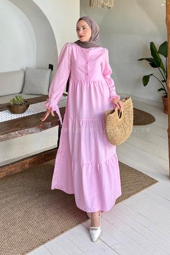 Lamelif Kol Bağlama Detaylı Tesettür Elbise Pembe
