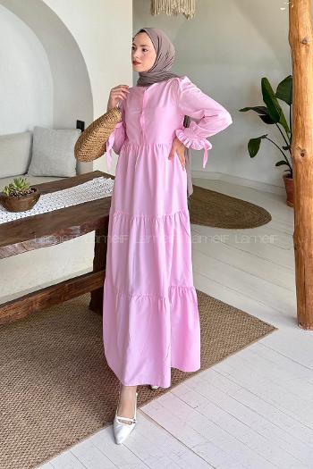 Lamelif Kol Bağlama Detaylı Tesettür Elbise Pembe