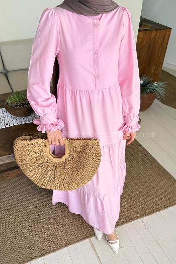 Lamelif Kol Bağlama Detaylı Tesettür Elbise Pembe