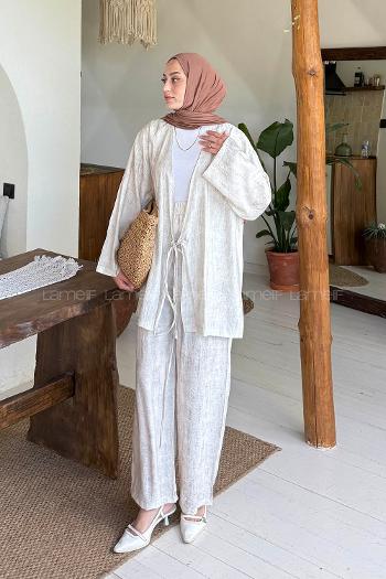 Lamelif Batik Desen Kimono-Pantolon Tesettür Takım Krem