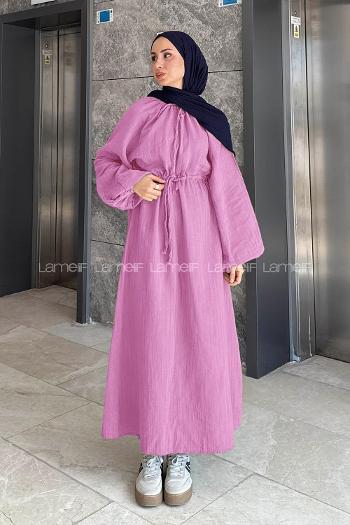 Lamelif Balon Kol Bağlamalı Tesettür Elbise Pembe