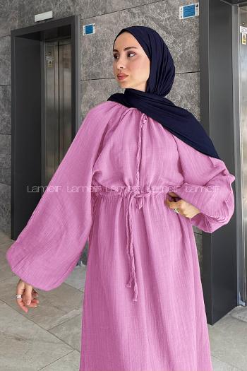 Lamelif Balon Kol Bağlamalı Tesettür Elbise Pembe
