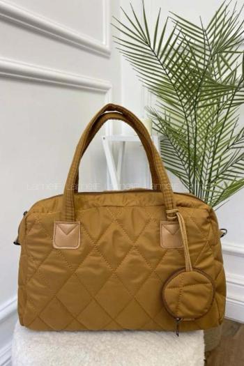 Lamelif  Cüzdan Aksesuarlı Barrel Kapitone Çanta Camel