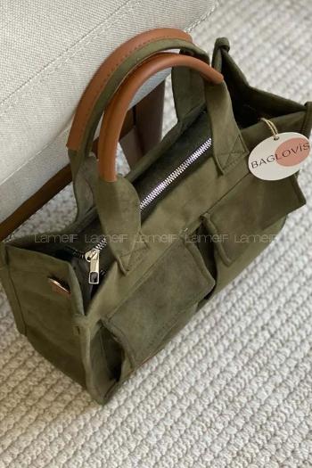 Lamelif Önü Çift Cepli Astarlı Akalite Saten Çanta Haki