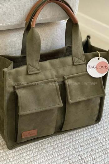 Lamelif Önü Çift Cepli Astarlı Akalite Saten Çanta Haki