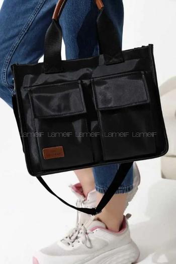 Lamelif Önü Çift Cepli Astarlı Akalite Saten Çanta Siyah