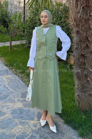 Plum Green V Neck Sleeveless Arm Cotton Flare Suit