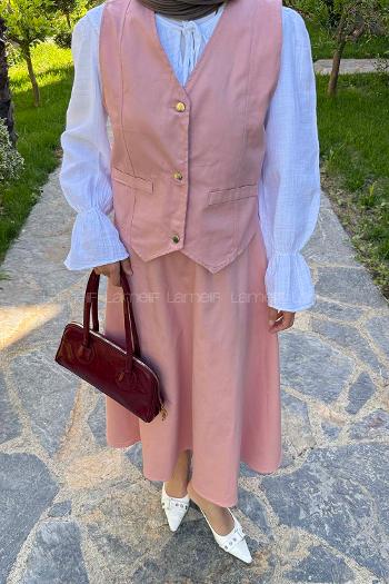Lamelif Gabardin Yelek-Etek İkili Tesettür Takım Pudra Rengi