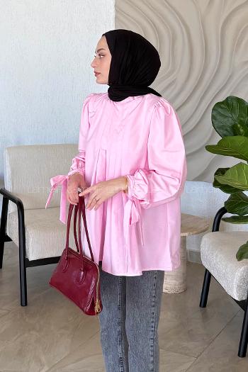 Lamelif Kolu Bağlamalı Pileli Bluz Pembe