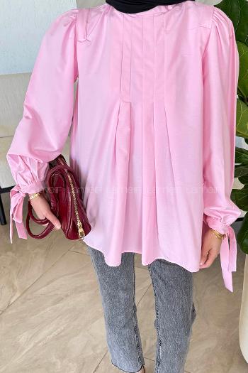 Lamelif Kolu Bağlamalı Pileli Bluz Pembe