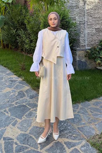 Stone V Neck Sleeveless Arm Denim Straight Skirt Suit