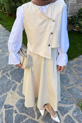 Stone V Neck Sleeveless Arm Denim Straight Skirt Suit