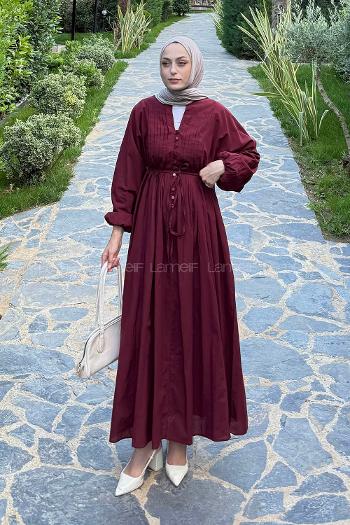 Claret Red Mandarin Collar Cotton Dresess