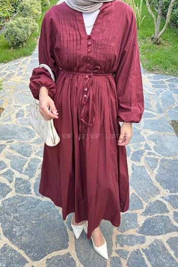 Claret Red Mandarin Collar Cotton Dresess