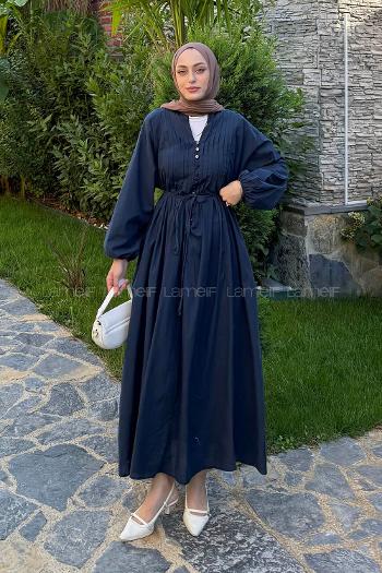 Navy Blue Mandarin Collar Cotton Dresess