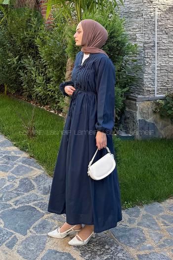 Navy Blue Mandarin Collar Cotton Dresess