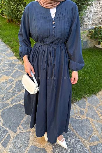 Navy Blue Mandarin Collar Cotton Dresess