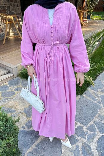 Lamelif Nervürlü Vual Tesettür Elbise Pembe