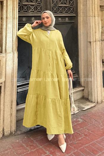 Lamelif Ön Yarım Düğme Detaylı Müslin Kumaş Tesettür Elbise Sarı