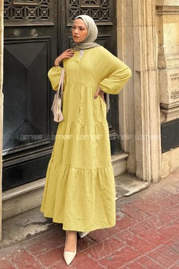 Lamelif Ön Yarım Düğme Detaylı Müslin Kumaş Tesettür Elbise Sarı