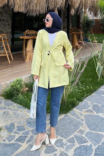 Lamelif Cep Detaylı Tesettür Ceket Sarı