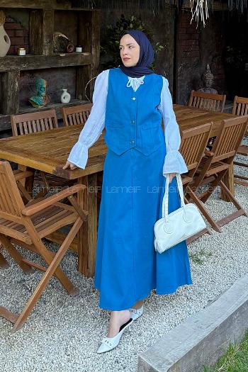 Blue V Neck Sleeveless Arm Cotton Flare Suit
