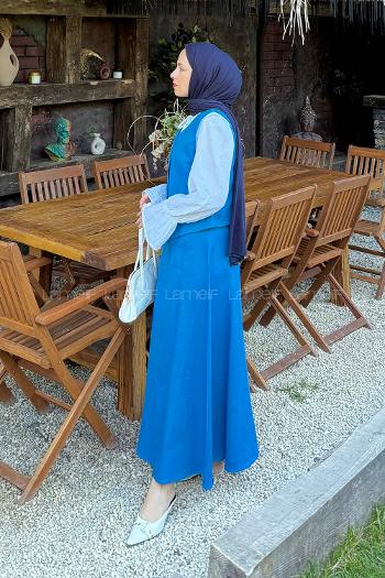 Blue V Neck Sleeveless Arm Cotton Flare Suit