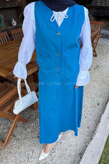 Blue V Neck Sleeveless Arm Cotton Flare Suit
