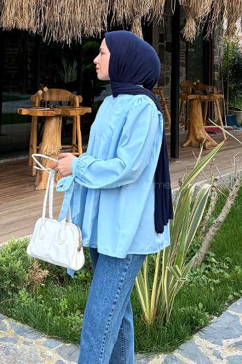 Lamelif Kolu Bağlamalı Pileli Bluz Bebe Mavisi