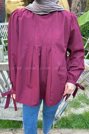 Lamelif Kolu Bağlamalı Pileli Bluz Bordo