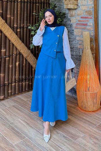 Blue V Neck Sleeveless Arm Denim Straight Skirt Suit