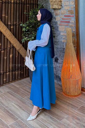 Blue V Neck Sleeveless Arm Denim Straight Skirt Suit