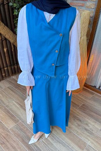 Blue V Neck Sleeveless Arm Denim Straight Skirt Suit