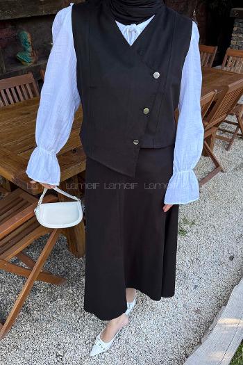 Black V Neck Sleeveless Arm Denim Straight Skirt Suit