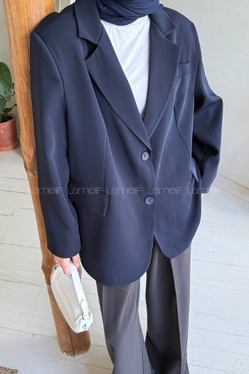 Lamelif Dekoratif Cep Detaylı Tesettür Ceket Lacivert