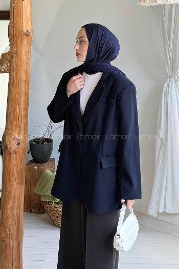 Lamelif Dekoratif Cep Detaylı Tesettür Ceket Lacivert