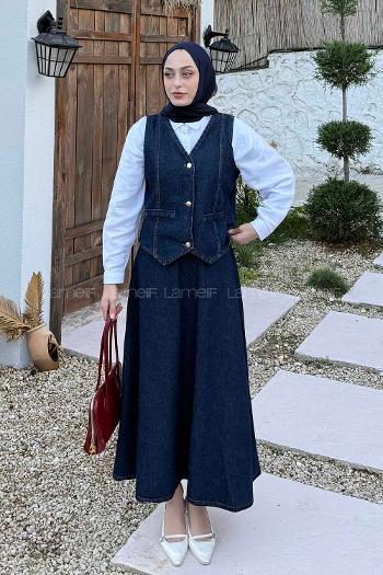 Dark Blue V Neck Sleeveless Arm Cotton Flare Suit
